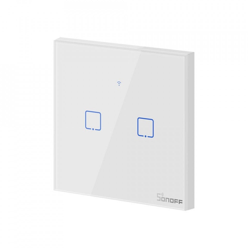 Intrerupator inteligent cu touch Sonoff T0 EU TX, Wireless, 2 canale, compatibil iOS/Android, Amazon Alexa/Google Assistant, sticla, Alb