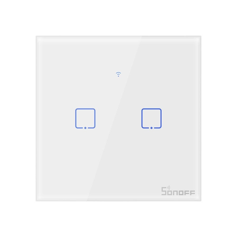Intrerupator inteligent cu touch Sonoff T2 EU TX, Wireless + RF 433, 2 canale, compatibil iOS/Android, Amazon Alexa/Google Assistant, sticla, Alb