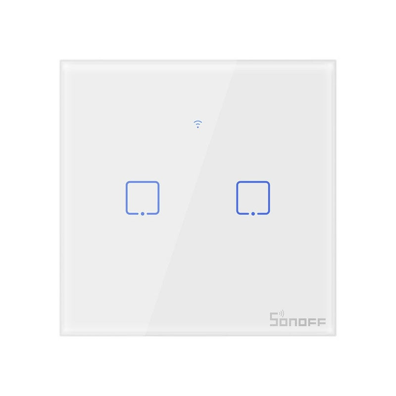 Intrerupator inteligent cu touch Sonoff T2 EU TX, Wireless + RF 433, 2 canale, compatibil iOS/Android, Amazon Alexa/Google Assistant, sticla, Alb