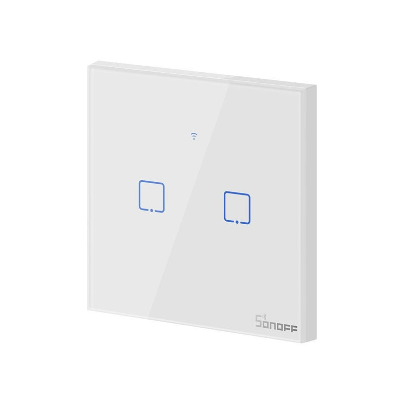 Intrerupator inteligent cu touch Sonoff T2 EU TX, Wireless + RF 433, 2 canale, compatibil iOS/Android, Amazon Alexa/Google Assistant, sticla, Alb