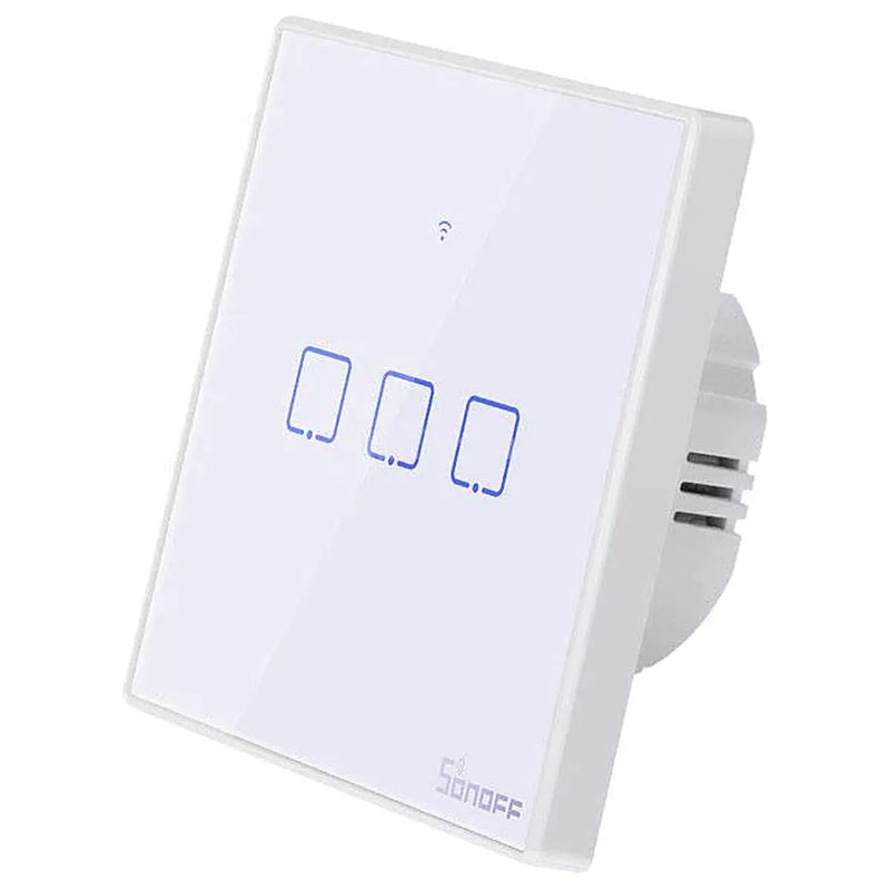 Intrerupator inteligent cu touch Sonoff T2 EU TX, Wireless + RF 433, 3 canale, compatibil iOS/Android, Amazon Alexa/Google Assistant, sticla, Alb