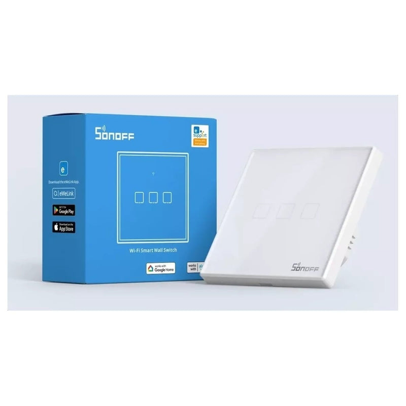 Intrerupator inteligent cu touch Sonoff T2 EU TX, Wireless + RF 433, 3 canale, compatibil iOS/Android, Amazon Alexa/Google Assistant, sticla, Alb