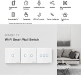 Intrerupator inteligent cu touch Sonoff T2 EU TX, Wireless + RF 433, 3 canale, compatibil iOS/Android, Amazon Alexa/Google Assistant, sticla, Alb