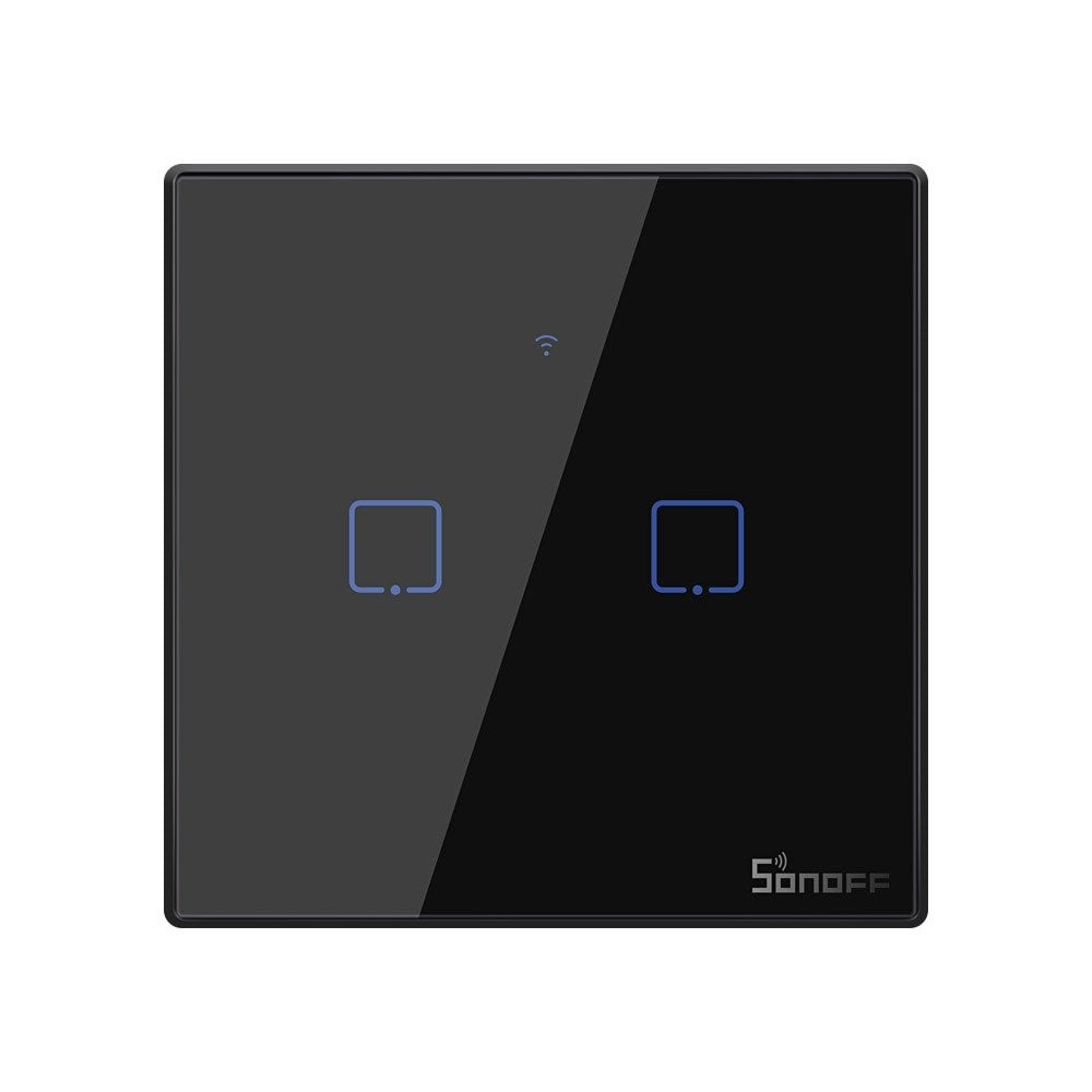 Intrerupator inteligent cu touch Sonoff T3 EU TX, Wireless + RF 433, 2 canale, compatibil iOS/Android, Amazon Alexa/Google Assistant, sticla, Negru
