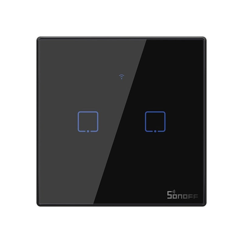 Intrerupator inteligent cu touch Sonoff T3 EU TX, Wireless + RF 433, 2 canale, compatibil iOS/Android, Amazon Alexa/Google Assistant, sticla, Negru