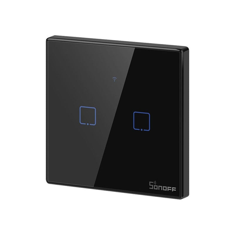 Intrerupator inteligent cu touch Sonoff T3 EU TX, Wireless + RF 433, 2 canale, compatibil iOS/Android, Amazon Alexa/Google Assistant, sticla, Negru