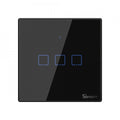 Intrerupator inteligent cu touch Sonoff T3 EU TX, Wireless + RF 433, 3 canale, compatibil iOS/Android, Amazon Alexa/Google Assistant, sticla, Negru