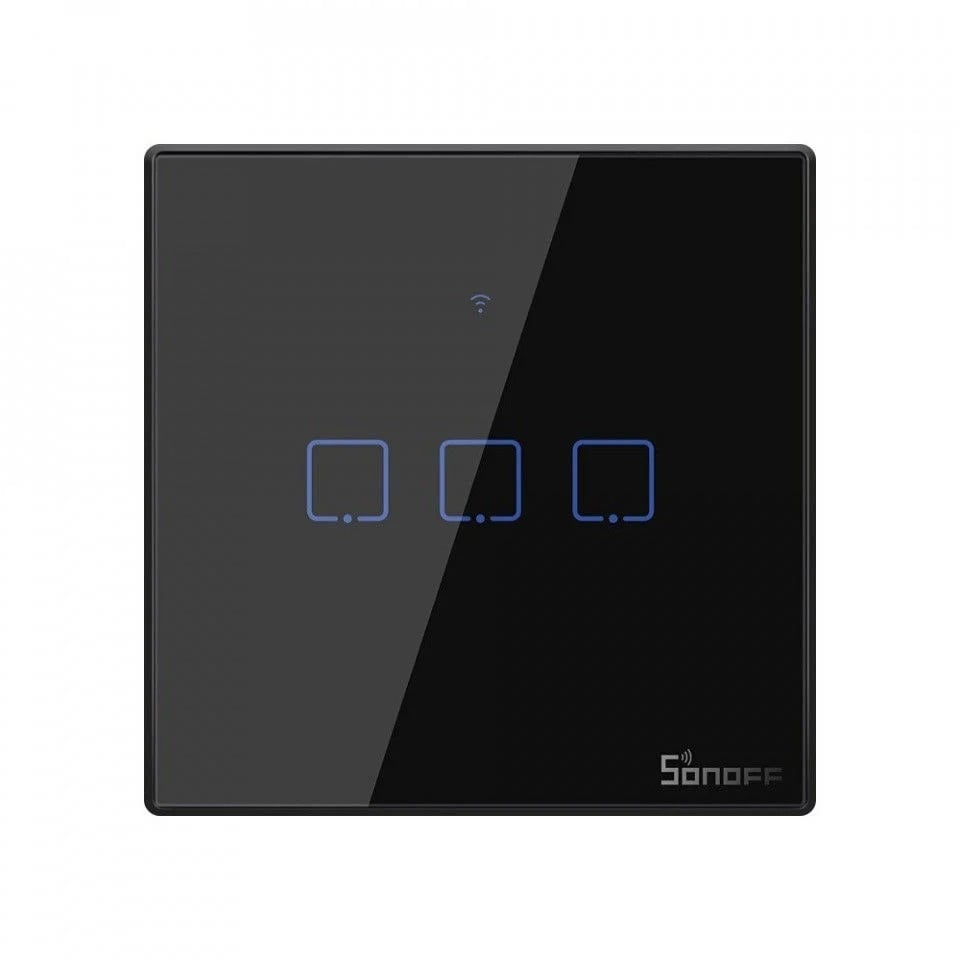 Intrerupator inteligent cu touch Sonoff T3 EU TX, Wireless + RF 433, 3 canale, compatibil iOS/Android, Amazon Alexa/Google Assistant, sticla, Negru