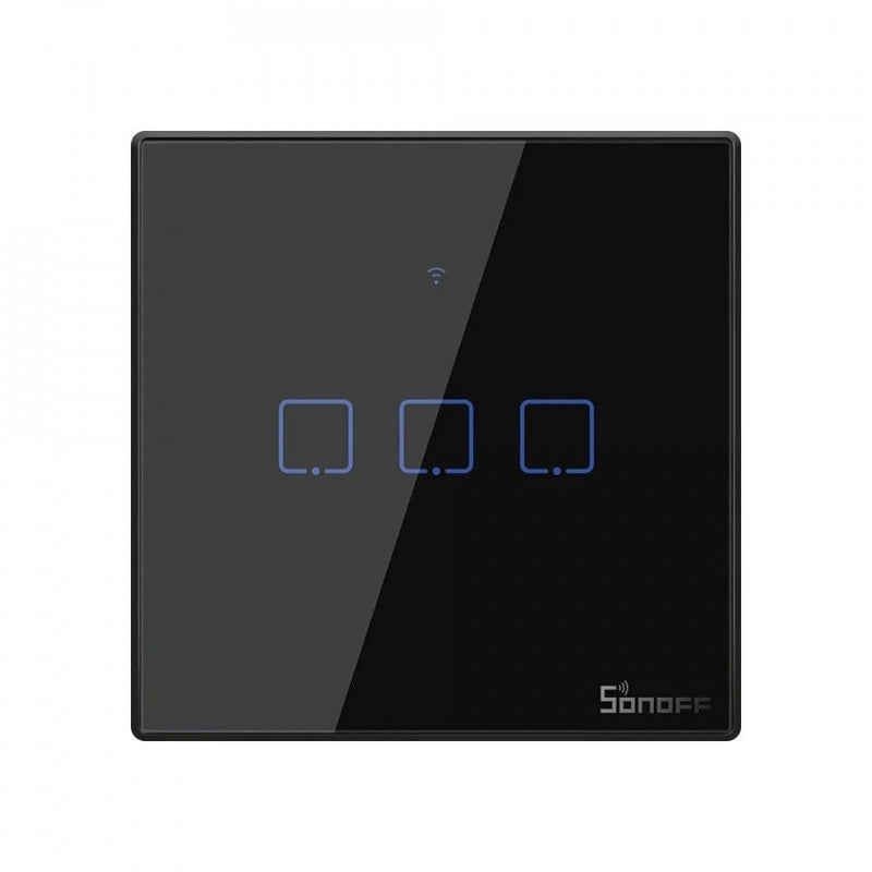 Intrerupator inteligent cu touch Sonoff T3 EU TX, Wireless + RF 433, 3 canale, compatibil iOS/Android, Amazon Alexa/Google Assistant, sticla, Negru