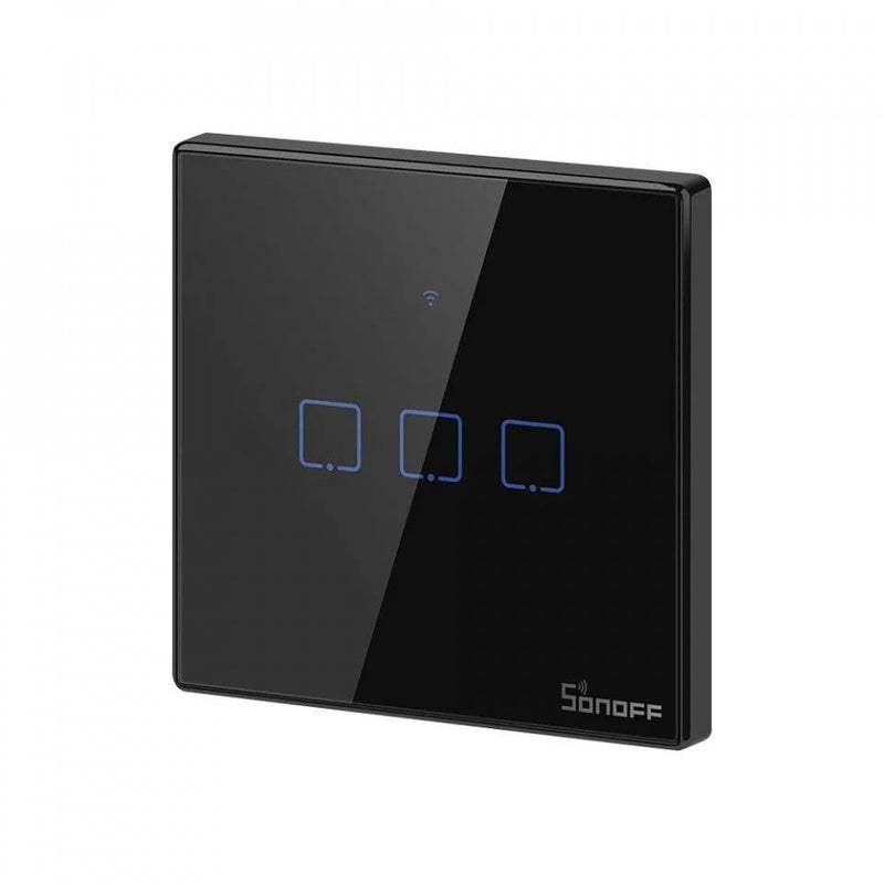 Intrerupator inteligent cu touch Sonoff T3 EU TX, Wireless + RF 433, 3 canale, compatibil iOS/Android, Amazon Alexa/Google Assistant, sticla, Negru