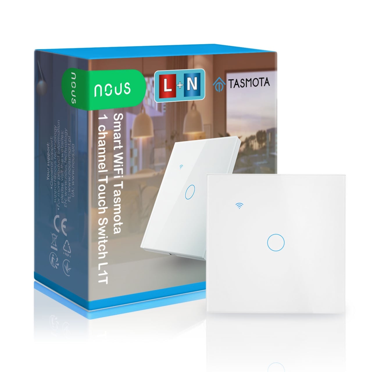Intrerupator inteligent Nous L1T, cu Tasmota preinstalat, 1 canal, Touchscreen, Alb