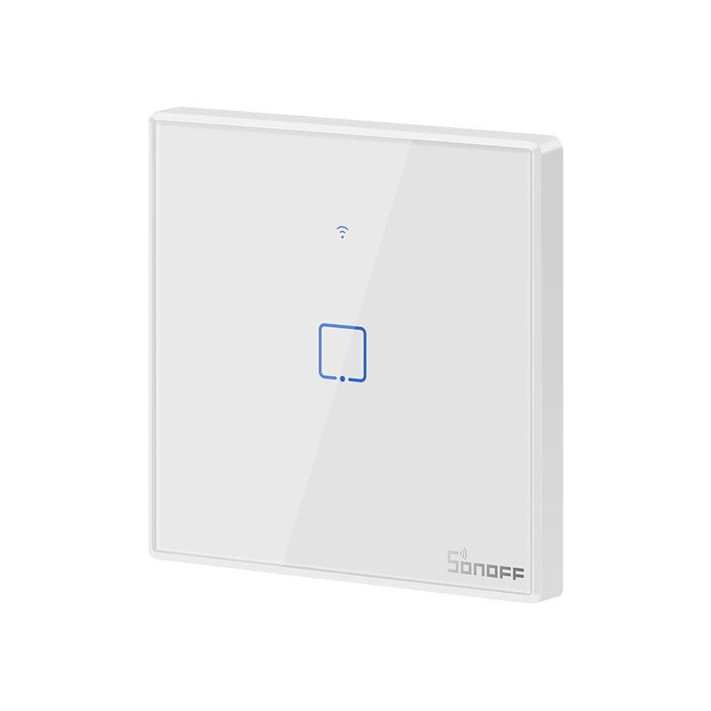 Intrerupator inteligent simplu cu touch Sonoff T2EU1C TX, Wi-Fi, compatibil Amazon Alexa si Google Assistant, sticla, Alb
