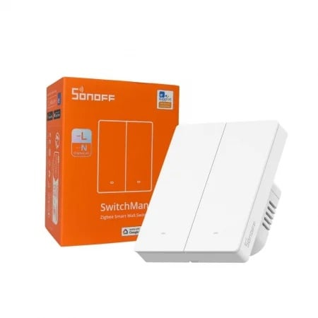Întrerupător inteligent Sonoff ZBM5-2C-80W, 2 canale, 10A, Zigbee, Alb