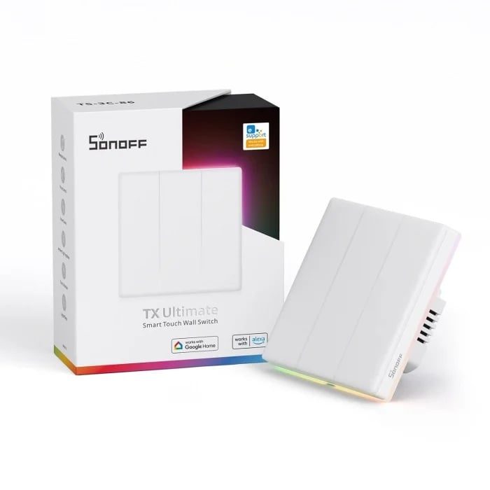 Intrerupator Smart Sonoff T5-3C-86 WiFi cu Full Touch (3 canale), Lumina LED 5A/1200W