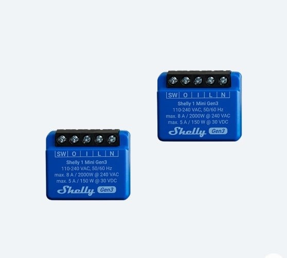 Pachet de 2 relee Shelly Mini 1 GEN3, 1 canal, 8A