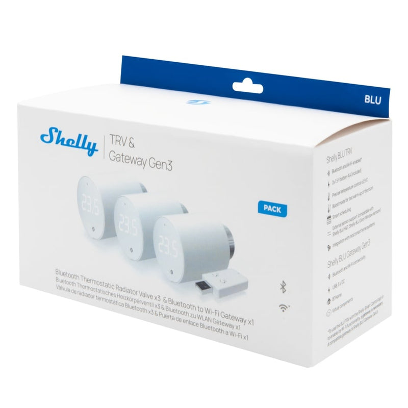Pachet de 3 valve termostatice pentru calorifer Shelly BLU TRV, cu hub Bluetooth inclus in pachet