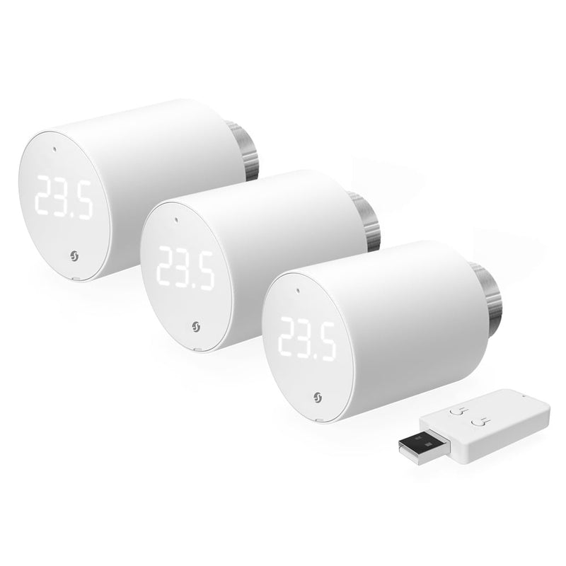 Pachet de 3 valve termostatice pentru calorifer Shelly BLU TRV, cu hub Bluetooth inclus in pachet
