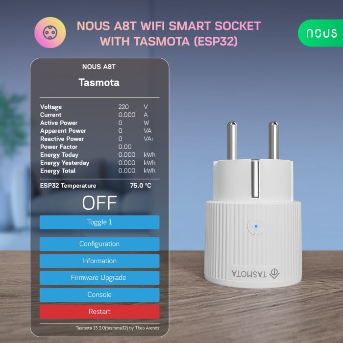 Set de 2 prize WiFi NOUS A8T, 10A - Tasmota, ESP32