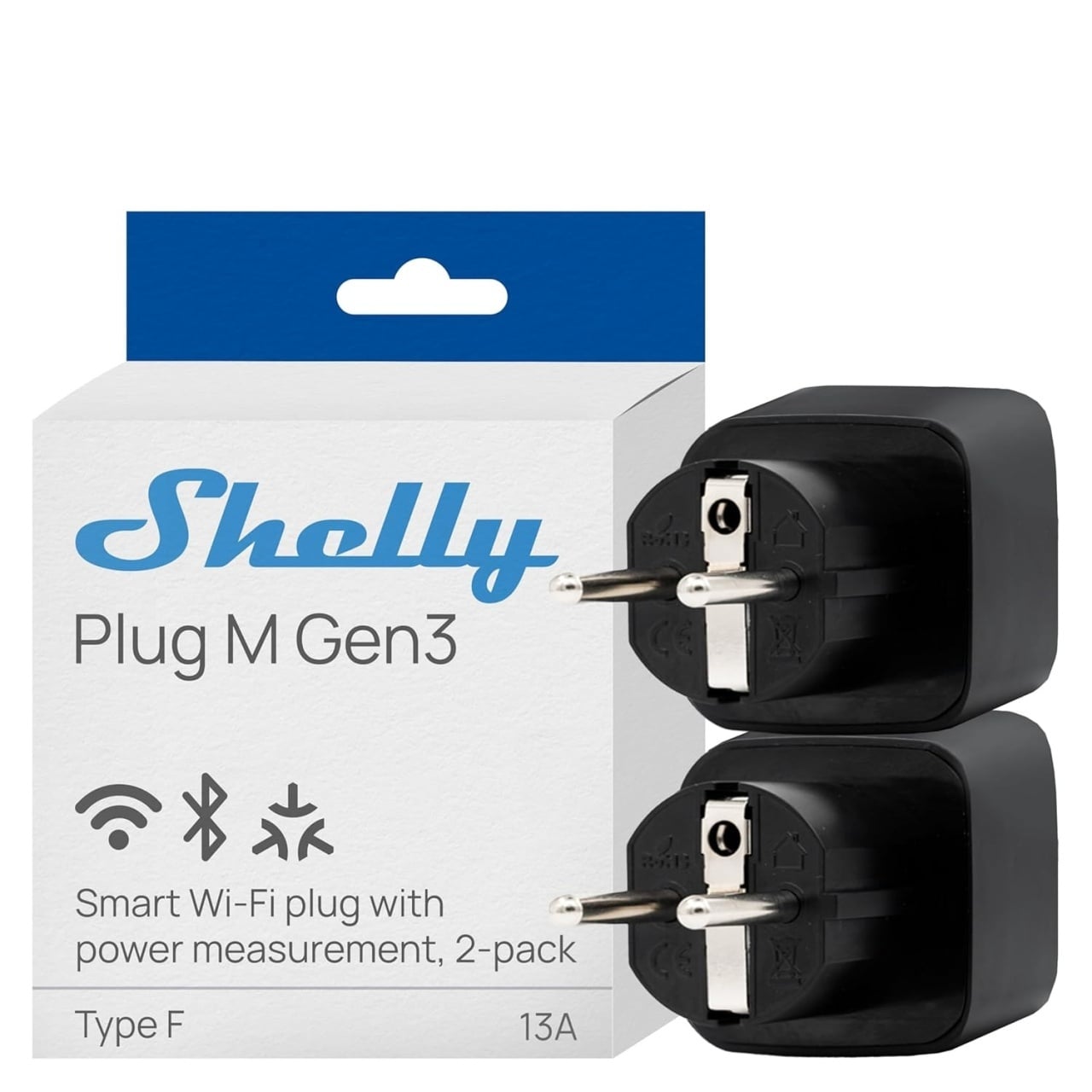Shelly Plug M Gen3 Black (pachet 2 prize) – Priză Inteligentă Wi-Fi și Bluetooth, Monitorizare Energie, Procesor Shelly chip, Control Local și Automatizări, 16A